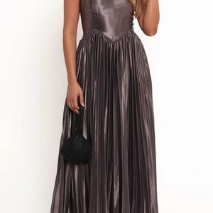 NWT Nordstrom Petal & Pup Metallic Charcoal Pleated Satin Maxi Dress
